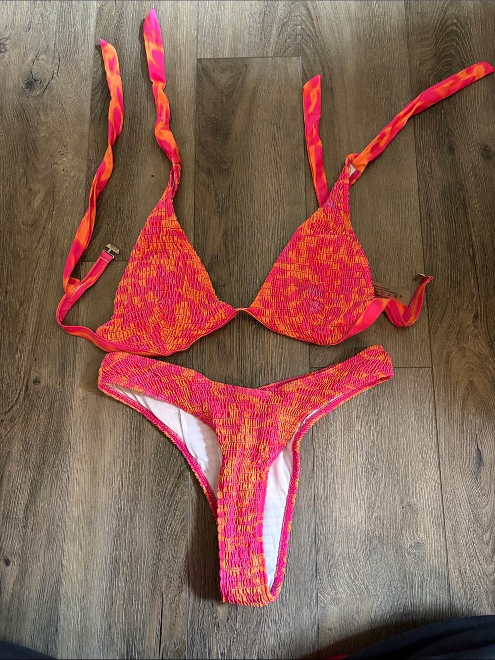 SHEIN Hot Pink & Orange Smocked Triangle Bikini